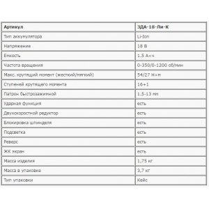 Дрель-шуруповерт ЗУБР ЗДА-18-Ли-К 2-х скор,Li-Ion,реверс,16+1,функция удара,БЗУ, 13мм, 0-350 и 0-1200об/мин,1.5А/ч, 18В,кейс с акс.